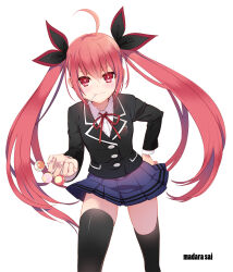 &gt;:) 1girl ahoge artist_name black_jacket black_ribbon black_thighhighs blazer blue_skirt blush breasts candy clenched_hand closed_mouth date_a_live fingernails food fringe_trim hair_between_eyes hair_ribbon hand_on_own_hip holding holding_candy holding_food holding_lollipop itsuka_kotori jacket large_ribbon lips lollipop long_hair long_sleeves looking_at_viewer madara_sai miniskirt outstretched_arm pleated_skirt red_eyes red_hair red_ribbon ribbon school_emblem school_uniform shirt sidelocks simple_background skirt small_breasts smile solo standing thighhighs v-shaped_eyebrows very_long_hair white_background white_shirt zettai_ryouiki rating:General score:10 user:danbooru
