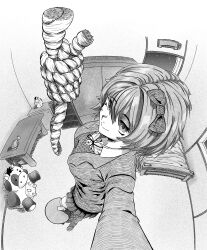  1girl absurdres air_conditioner arm_up barefoot bed bedroom blazer book bow bowtie breasts closed_mouth collared_shirt commentary cup desk doki_doki_literature_club dress_shirt english_commentary eyelashes fisheye foreshortening greyscale hair_between_eyes hair_bow halftone_texture hatching_(texture) highres imminent_suicide jacket long_sleeves making-of_available medium_breasts monochrome neck_ribbon night night_sky noose perspective pleated_skirt ribbon rope sayori_(doki_doki_literature_club) seagull_png selfie shirt short_hair skirt sky solo spoilers star_(sky) starry_sky stool stuffed_animal stuffed_cow stuffed_toy sweater_vest wardrobe 