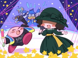  1girl ? animal_ears black_shirt blush_stickers dress elfilin green_dress green_hat hat highres holding holding_glowstick holding_microphone jester_cap kirby kirby_(series) kirby_30th_anniversary_music_festival leon0510 magolor marx_(kirby) mask meta_knight microphone mouse_ears neichel_(kirby) nintendo notched_ear open_mouth shaded_face shirt star_(symbol) 