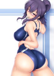 10s 1girl ass bare_shoulders blue_hair blush breasts competition_swimsuit covered_erect_nipples from_behind glasses hair_bun highres huge_ass large_breasts looking_at_viewer looking_back mouth_hold one-piece_swimsuit ponponmaru purple_eyes purple_hair senran_kagura shiny_clothes shiny_skin single_hair_bun solo rin_(senran_kagura) sweat swimsuit thighs wet wet_clothes whistle wide_hips rating:Questionable score:63 user:armorcrystal