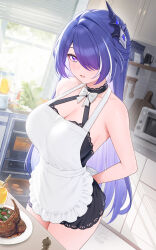  1girl acheron_(honkai:_star_rail) apron arms_behind_back bare_arms bare_shoulders black_dress bow bowtie breasts cleavage cowboy_shot day dress food frilled_apron frills fukuro_daizi hair_intakes hair_ornament hair_over_one_eye half_updo honkai:_star_rail honkai_(series) indoors kitchen large_breasts light_blush light_rays long_hair looking_at_viewer multicolored_hair one_eye_covered open_mouth plate purple_eyes purple_hair short_dress sleeveless sleeveless_dress solo standing straight_hair streaked_hair sunlight swept_bangs white_apron white_bow white_bowtie window window_blinds 