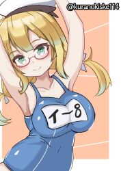  1girl ahoge arms_up blonde_hair blue_eyes blush breasts collarbone glasses hair_ribbon hat highres i-8_(kancolle) kantai_collection kurano_kisuke large_breasts long_hair looking_at_viewer low_twintails one-piece_swimsuit pink_background red-framed_eyewear ribbon school_swimsuit smile solo swimsuit twintails twitter_username 