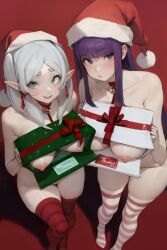 2girls absurdres alternate_breast_size box breasts breasts_in_a_box commentary drop_earrings earrings elf english_commentary fern_(sousou_no_frieren) frieren fur-trimmed_headwear fur_trim gift gift_box green_eyes grey_hair hat highres holding holding_box jewelry large_breasts long_hair looking_at_viewer merry_christmas multiple_girls nipples nude open_box open_mouth pointy_ears pom_pom_(clothes) purple_eyes purple_hair red_headwear red_thighhighs santa_hat smewed smile sousou_no_frieren standing straight_hair striped_clothes striped_thighhighs thighhighs twintails white_thighhighs rating:Questionable score:235 user:danbooru