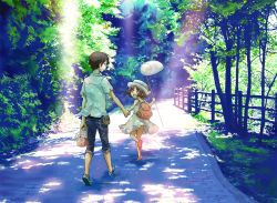  1boy 1girl backpack bad_id bad_pixiv_id bag basket brown_eyes brown_hair bug butterfly butterfly_net child dress fence forest hand_net hat highres hiroe holding_hands insect nature original path photo_background randoseru road scenery short_hair 