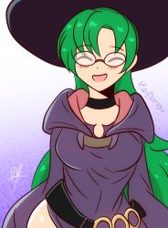  alternate_costume alternate_hairstyle blush cosplay fire_emblem glasses hair_down hat highres little_witch_academia long_hair long_sleeves lyn_(fire_emblem) nintendo raydango smile ursula_callistis witch witch_hat  rating:Sensitive score:11 user:BeauSSB