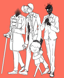  4boys doodle_sensei_(blue_archive) black_suit_(blue_archive) blue_archive bow bowtie cane card coat credit_card formal full_body gloves golconda_&amp;_decalcomania_(blue_archive) headless height_difference highres holding holding_cane holding_card itamochi jacket limited_palette maestro_(blue_archive) male_focus mannequin multiple_boys necktie pants pocket_square red_background sensei_(blue_archive) simple_background suit walking  rating:General score:5 user:danbooru