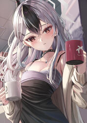  1girl bare_shoulders black_choker black_dress black_hair blue_archive blush breasts choker cleavage collarbone commentary crossed_bangs cup demon_girl demon_horns double-parted_bangs dress dual_wielding ear_piercing earrings eyelashes floating_hair grey_hair hair_between_eyes hair_ornament hairclip halo hands_up highres holding holding_cup hoop_earrings horns indoors jewelry kayoko_(blue_archive) kayoko_(dress)_(blue_archive) long_hair looking_at_viewer mug multicolored_hair parted_lips piercing red_eyes sidelighting sidelocks sleeveless sleeveless_dress small_breasts solo spaghetti_strap steam suidou_chaahan tsurime two-tone_hair upper_body white_halo 