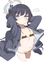  1girl bikini black_hair blue_archive blush braid braided_bun breasts butterfly_hair_ornament coat double_bun gamuo gold_bikini grey_eyes hair_bun hair_ornament halo kisaki_(blue_archive) long_hair long_sleeves looking_at_viewer navel small_breasts solo swimsuit thighs twintails 