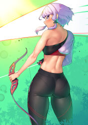  1girl absurdres archery arrow_(projectile) ass back bike_shorts blush bow_(weapon) commentary_request crop_top from_behind highres holding holding_bow_(weapon) holding_weapon looking_to_the_side nicchi pantylines profile purple_eyes purple_hair shirt short_hair_with_long_locks single-shoulder_shirt single_bare_shoulder solo spandex vocaloid voiceroid weapon yuzuki_yukari 