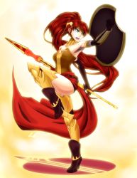  1girl armor artist_request bare_shoulders boots elbow_gloves female_focus fighting_stance full_body gloves gorget green_eyes high_heel_boots high_heels highres leg_armor long_hair looking_back open_mouth polearm ponytail pyrrha_nikos red_hair round_teeth rwby sash shield simple_background solo spear stance standing standing_on_one_leg strapless teeth tiara very_long_hair weapon  rating:Sensitive score:22 user:CaptainD