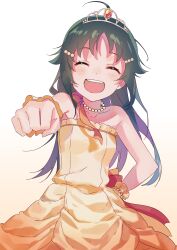  1girl absurdres ahoge bare_shoulders black_hair blush bow bracelet breasts closed_eyes collarbone dot_nose dress gradient_background gradient_hair hair_ornament hairclip hand_on_own_hip highres idolmaster idolmaster_cinderella_girls idolmaster_cinderella_girls_starlight_stage incoming_attack incoming_punch jewelry long_hair multicolored_hair nanjo_hikaru necklace open_mouth orange_bow orange_dress orange_scrunchie pearl_bracelet pearl_necklace punching scrunchie small_breasts smile solo strapless strapless_dress teeth tiara upper_body upper_teeth_only wrist_scrunchie yumesaki_nana 