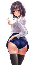  1girl ass black_thighhighs blue_buruma blue_skirt blush bra bra_visible_through_clothes brown_eyes brown_hair buruma buruma_under_skirt closed_mouth clothes_lift collared_shirt commentary_request frown hair_between_eyes highres long_sleeves looking_at_viewer looking_to_the_side original pleated_skirt red_bra school_uniform shirt simple_background skirt skirt_lift solo standing thighhighs underwear uniform v white_background white_shirt yukemuriganmo  rating:Sensitive score:42 user:danbooru