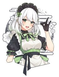  1girl :d apron arm_at_side black_gloves black_hairband black_shirt blush collared_shirt cropped_legs dangle_earrings dot_nose earrings egasumi flower fox_shadow_puppet frilled_apron frills gloves gradient_hair green_eyes green_hair green_ribbon hairband half_updo hand_up head_tilt highres jewelry long_bangs long_hair looking_at_viewer maid maid_headdress multicolored_hair neck_ribbon open_mouth original pinstripe_ribbon puffy_short_sleeves puffy_sleeves puunyannyan ribbon shirt short_sleeves sidelocks simple_background smile solo teeth upper_teeth_only white_apron white_background white_flower white_hair 