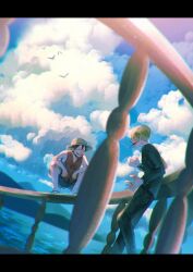  2boys :d against_fence blue_sky blurry cigarette depth_of_field feet_out_of_frame fence formal from_below grin happy highres male_focus mg_choco826 monkey_d._luffy multiple_boys one_piece open_mouth sanji_(one_piece) short_hair sky smile squatting suit talking 