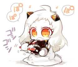  10s 1girl abyssal_ship ahoge bad_id bad_pixiv_id brushing_teeth chibi fang horns kantai_collection kuro_yuzu long_hair mittens monster musical_note northern_ocean_princess open_mouth pale_skin red_eyes sitting solo toothbrush white_hair 