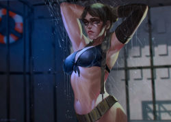  1girl armpits arms_up bikini bikini_top_only breasts brown_hair eva_solo female_focus front-tie_top gloves highres large_breasts looking_at_viewer metal_gear_(series) metal_gear_solid_v:_the_phantom_pain midriff parted_lips quiet_(metal_gear) shower solo strap swimsuit wet  rating:Questionable score:31 user:Warheart_