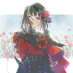  1boy androgynous arm_at_side armor belt black_hair black_hat black_necktie cape chagashi collared_shirt floral_background flower grey_hair grey_shirt hair_between_eyes hand_up hat hat_flower jacket japanese_armor kyogoku_masamune lace-trimmed_sleeves lace_trim light_particles long_sleeves looking_at_viewer male_focus multicolored_hair multiple_belts nail_polish necktie parted_lips red_cape red_eyes red_flower red_jacket red_nails red_rose rose shirt short_hair shoulder_armor side_cape smile sode solo streaked_hair sword tassel touken_ranbu trap upper_body weapon white_background 