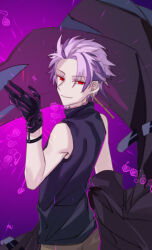  1boy arm_up bare_shoulders black_gloves brown_pants chinese_commentary commentary_request cowboy_shot earrings fengtian_(artist) glove_garter gloves jewelry looking_at_viewer looking_back male_focus multicolored_hair pants pink_hair purple_hair red_eyes saibou_shinkyoku short_hair sleeveless sleeveless_turtleneck smile solo theodore_riddle turtleneck 