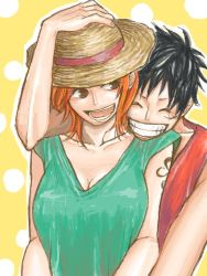  1boy 1girl aqua_shirt bare_arms black_eyes black_hair breasts brown_eyes cleavage closed_eyes collarbone couple facing_viewer green_shirt hat large_breasts looking_at_another lowres monkey_d._luffy nami_(one_piece) one_piece open_mouth orange_hair outline pirate polka_dot polka_dot_background portrait red_vest shirt short_hair sideways_glance smile straw_hat tareme tattoo teeth v-neck v-shaped_eyebrows very_short_hair vest white_outline yellow_background  rating:General score:9 user:ThePunisherLuNa