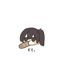  1girl baguette bread brown_hair eating food head_only kaga_(kancolle) kantai_collection karin. long_hair negative_space side_ponytail solid_oval_eyes solo translation_request 