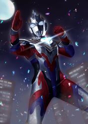  1boy absurdres alien clenched_hand fighting_stance from_below highres huge_filesize looking_up male_focus night solo standing tachibana_satsuki_(artist) ultra_series ultraman_z ultraman_z_(series) white_eyes 