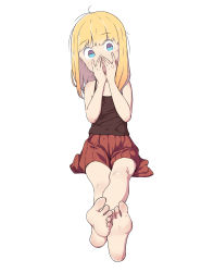 1girl absurdres barefoot blonde_hair blue_eyes blush feet female_focus full_body highres leims_(urje8584) long_hair looking_at_viewer original simple_background sitting skirt soles solo toes white_background rating:Sensitive score:47 user:FabricioDias