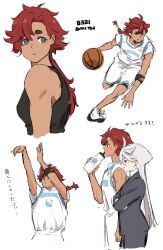 0321smith 2girls artist_name ball bare_arms basketball basketball_(object) basketball_uniform black_jacket black_tank_top blue_eyes bottle contemporary gundam gundam_suisei_no_majo highres jacket long_hair long_sleeves miorine_rembran multiple_girls parted_lips playing_sports ponytail red_hair shorts sportswear suletta_mercury sweat tank_top thick_eyebrows translation_request water_bottle white_background white_hair white_shorts wristband 