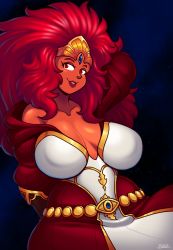  1girl arm_behind_back arm_behind_head bare_shoulders blazbaros breasts cleavage colored_skin commission crown curvy gauntlets gold_trim highres jewelry large_breasts long_hair looking_at_viewer magnus_the_red parted_lips red_eyes red_hair red_lips red_robe red_skin robe sitting sky smile solo star_(symbol) third_eye warhammer_40k wide_hips wild_hair  rating:Sensitive score:22 user:danbooru