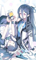  &lt;key&gt;_(blue_archive) &lt;key&gt;_(robot)_(blue_archive) 2girls absurdly_long_hair apron aris_(blue_archive) aris_(maid)_(blue_archive) black_dress black_hair black_hairband black_skirt black_socks blue_archive blue_halo blue_necktie blush closed_eyes collared_shirt dress frilled_apron frills hairband halo highres jacket koka_(rikku-file) long_hair long_sleeves maid maid_apron maid_headdress multiple_girls necktie official_alternate_costume one_side_up open_clothes open_jacket open_mouth pantyhose parted_lips pink_eyes pleated_skirt puffy_short_sleeves puffy_sleeves ringed_eyes shirt short_sleeves simple_background skirt smile socks teeth upper_teeth_only very_long_hair white_apron white_background white_jacket white_pantyhose white_shirt 