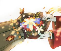 2boys alphonse_elric andythelemon armor blue_flower brothers bug butterfly edward_elric falling_petals flower fullmetal_alchemist gloves head_out_of_frame highres holding holding_flower insect jacket male_focus monarch_butterfly multiple_boys petals red_flower red_jacket siblings white_background white_flower white_gloves yellow_flower