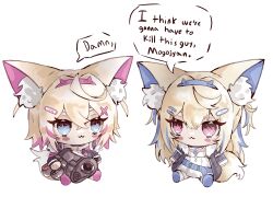 2girls :3 absurdres animal_ear_fluff animal_ears belt black_coat black_jacket blue_belt blue_eyes blue_hair blush_stickers chibi coat commentary cropped_jacket cropped_shirt ddrawins dog_ears dog_girl dog_tail dress english_commentary english_text fake_animal_ears fishnet_pantyhose fishnets fur-trimmed_jacket fur_trim fuwawa_abyssgard fuwawa_abyssgard_(1st_costume) gun hair_ornament hairband highres holding holding_gun holding_weapon hololive hololive_english i_think_we&#039;re_gonna_have_to_kill_this_guy_steven_(meme) jacket long_hair meme mococo_abyssgard mococo_abyssgard_(1st_costume) multicolored_hair multiple_girls pantyhose pink_belt pink_eyes pink_footwear pink_hair pink_hairband shirt short_hair shorts siblings sisters streaked_hair tail twins virtual_youtuber weapon white_dress white_shirt white_shorts x_hair_ornament