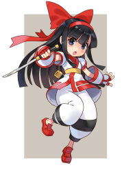  1girl ainu_clothes black_hair blue_eyes breasts clenched_hand fingerless_gloves gloves hair_ribbon legs long_hair looking_at_viewer nakoruru open_mouth pants ribbon samurai_spirits small_breasts snk the_king_of_fighters thick_thighs thighs weapon 