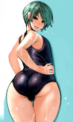 1boy 2n5 androgynous ass bad_id blue_one-piece_swimsuit bulge green_eyes green_hair highres huge_ass looking_at_viewer looking_back male_focus narrow_waist old_school_swimsuit one-piece_swimsuit plump school_swimsuit smile standing swimsuit thick_thighs thighs trap wet wide_hips rating:Questionable score:258 user:PohPoh