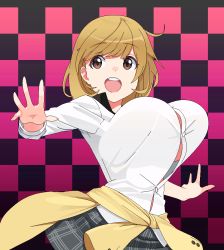  1girl bad_id bad_pixiv_id bouncing_breasts breasts brown_eyes brown_hair checkered_background clothes_around_waist derivative_work huge_breasts jacket jacket_around_waist looking_at_viewer narusawa_ryouka occultic;nine plaid plaid_skirt round_teeth samonegi short_hair skirt smile solo teeth 