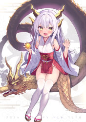  1girl 2024 absurdres bare_shoulders blush breasts chinese_zodiac claw_pose collarbone commentary_request detached_sleeves dragon dragon_girl dragon_horns dragon_tail fangs full_body grey_hair happy_new_year highres horns long_hair long_sleeves looking_at_viewer new_year ochinsama open_mouth original sandals skindentation small_breasts solo tabi tail thick_thighs thighhighs thighs very_long_hair white_thighhighs year_of_the_dragon yellow_eyes zouri 