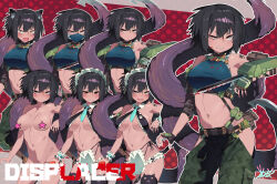  1girl animal_ears arm_blade arm_tattoo bare_shoulders belt_pouch bikini black_bikini black_hair blood blood_on_face bloody_weapon blush breasts cargo_pants cat_ears censored censored_nipples character_name clenched_teeth commentary_request cowboy_shot crop_top embarrassed expressions frilled_bikini frills frown green_pants highres hip_vent kometsubu large_breasts maid maid_bikini maid_headdress mask midriff mouth_mask navel nude orange_eyes pants polka_dot polka_dot_background pouch pretzel_bikini red_background sanpaku sharp_teeth short_hair star_censor swimsuit tattoo teeth unconventional_maid v-shaped_eyebrows variations ventangle weapon wide-eyed 