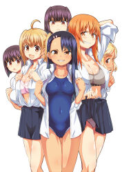  6+girls :&lt; :3 ahoge arm_behind_head blonde_hair blue_hair blue_one-piece_swimsuit blue_skirt blush bra bra_pull breasts brown_eyes cameltoe cleavage clenched_hand clenched_teeth clothes_lift clothes_pull collarbone collared_shirt covered_navel dark_blue_hair earclip earrings evil_grin evil_smile finger_to_mouth frilled_bra frills gamou_maki gluteal_fold grey_panties grey_sports_bra grin hagiya_masakage hair_ornament hairclip half-closed_eye highres ijiranaide_nagatoro-san jewelry large_breasts lifting_own_clothes long_hair looking_at_viewer medium_breasts multiple_girls nagatoro_hayase navel one-piece_swimsuit open_clothes open_shirt opened_by_self orange_eyes orange_hair panties pantyshot pink_bra pleated_skirt purple_hair sakura_(nagatoro) shirt short_hair simple_background single_earring skirt skirt_lift smile sports_bra sunomiya_hana sunomiya_sana swimsuit teeth triangle_mouth two-tone_swimsuit underwear v-shaped_eyebrows white_background white_one-piece_swimsuit white_shirt yoshi_(nagatoro)  rating:Sensitive score:100 user:danbooru