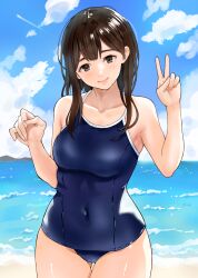  1girl beach black_hair blue_one-piece_swimsuit blue_sky breasts brown_eyes cloud commentary_request competition_school_swimsuit covered_navel day highres horizon long_hair medium_breasts nobita_(nbnobita) ocean old_school_swimsuit one-piece_swimsuit original outdoors school_swimsuit sky solo swimsuit thigh_gap v 