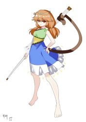  1girl absurdres blue_dress brown_hair circlet detached_sleeves dress drip_(meme) frilled_sleeves frills full_body green_dress gyate_gyate hand_on_own_hip highres low_twintails meme monkey_tail multicolored_clothes multicolored_dress orange_dress qinyuzhen red_eyes ruyi_jingu_bang simple_background single-shoulder_dress single_detached_sleeve single_sleeve single_strap sleeveless sleeveless_dress solo son_biten tail test_tube the_north_face touhou twintails unfinished_dream_of_all_living_ghost white_background white_sleeves yellow_dress 