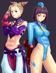 2girls black_hair blonde_hair blue_eyes breasts cammy_white capcom cosplay costume_switch han_juri hat military military_uniform multiple_girls purple_eyes revealing_clothes ryourou_(edexigerero) soldier street_fighter uniform rating:Questionable score:38 user:twilight_jester