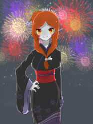  1girl absurdres aerial_fireworks alternate_hairstyle blue_skin breasts colored_sclera colored_skin eyeshadow fireworks front_ponytail hair_bun hair_ornament hair_stick hand_on_own_hip highres japanese_clothes kimono large_breasts long_hair looking_at_viewer makeup midlink midna midna_(true) nintendo obi orange_hair pointy_ears red_eyes sash single_hair_bun smile solo spoilers the_legend_of_zelda the_legend_of_zelda:_twilight_princess yellow_sclera  rating:Questionable score:26 user:Midlink