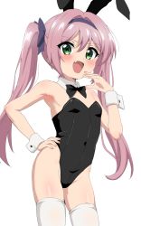  1girl :d animal_ears black_bow black_bowtie black_leotard blush bow bowtie brown_hair collar detached_collar fake_animal_ears fang green_eyes groin hair_between_eyes hair_bow hairband hand_on_own_hip hand_up highres leotard long_hair looking_at_viewer misaki_sango open_mouth playboy_bunny purple_bow purple_hairband rabbit_ears re:stage! simple_background sincos smile solo strapless strapless_leotard thighhighs twintails very_long_hair white_background white_collar white_thighhighs wing_collar wrist_cuffs  rating:Sensitive score:98 user:danbooru