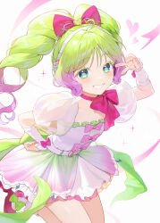 1girl ahoge bare_legs blue_eyes blush bow bowtie colored_eyelashes commentary cowboy_shot curly_hair detached_sleeves dot_nose dress dress_bow drill_hair frilled_dress frills green_hair grin hair_bow hand_on_own_hip headphones heart heart-shaped_pupils heart_ahoge highres idol laalulu leaning_forward leg_up long_hair looking_at_viewer multicolored_hair myrpo pink_bow pink_dress pretty_series pripara puffy_short_sleeves puffy_sleeves purple_hair short_dress short_sleeves sleeveless sleeveless_dress smile solo standing standing_on_one_leg strapless strapless_dress symbol-shaped_pupils twin_drills two-tone_hair v 