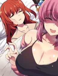 2girls absurdres bed_sheet bocchi_the_rock! breasts breath camisole cleavage closed_eyes cube_hair_ornament embarrassed facing_viewer flying_sweatdrops gotoh_hitori guy_tired_after_sex_(meme) hair_ornament hand_up highres hinghoi jacket kita_ikuyo large_breasts long_hair lying meme multiple_girls on_back one_side_up open_clothes open_jacket open_mouth paid_reward_available parted_lips pillow pink_hair pink_jacket red_hair selfie shaded_face side_ponytail sleeping smile spaghetti_strap sunken_cheeks sweat upper_body v yuri rating:Sensitive score:53 user:danbooru