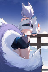  1girl animal_ears arknights ass bare_shoulders from_behind highres long_hair nian provence_(arknights) provence_(casual_vacation)_(arknights) short_shorts shorts solo tail white_hair wolf_ears wolf_girl wolf_tail  rating:Sensitive score:17 user:armorcrystal
