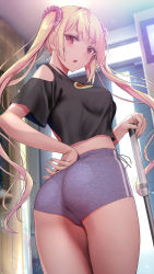  1girl :o absurdres ass black_shirt blonde_hair breasts commentary_request from_behind gentsuki grey_shorts hair_ornament hair_scrunchie highres large_breasts long_hair looking_at_viewer looking_back original parted_lips pink_scrunchie red_eyes scrunchie shirt short_shorts short_sleeves shorts solo thick_eyebrows thighs twintails  rating:Sensitive score:131 user:danbooru