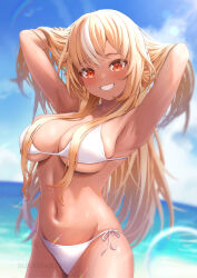 1girl alternate_costume armpits arms_up beach bikini blonde_hair blue_sky blurry blurry_background breasts commentary_request cowboy_shot dark-skinned_female dark_skin day depth_of_field grin hair_over_shoulder highres hololive horizon large_breasts lens_flare long_hair looking_at_viewer navel outdoors red_eyes shiranui_flare sky smile solo stomach suicabar72 sunlight swimsuit virtual_youtuber water watermark white_bikini rating:Sensitive score:40 user:danbooru