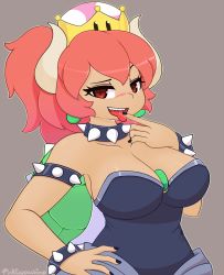 1girl armlet bare_shoulders black_dress blush bowsette bracelet breasts cleavage collar collarbone dark-skinned_female dark_skin dress earrings female_focus grey_background highres horns jewelry large_breasts looking_at_viewer mario_(series) matching_hair/eyes nail_polish new_super_mario_bros._u_deluxe nintendo nose_blush open_mouth pinkcappachino ponytail red_eyes red_hair sharp_teeth simple_background smile solo spiked_armlet spiked_bracelet spiked_collar spiked_shell spikes strapless super_crown teeth tongue tongue_out upper_teeth_only rating:Sensitive score:13 user:DarkToonLink