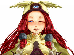 1girl arc_system_works blazblue blazblue:_continuum_shift blue_eyes blush breasts cape cum cum_on_clothes cum_on_hair ejaculation facial gloves hair_tubes handjob hat head_wings highres lips long_hair military military_uniform one_eye_closed paizuri paizuri_over_clothes penis red_hair solo_focus tsubaki_yayoi uniform wings wink yuo_(pixiv18987) 