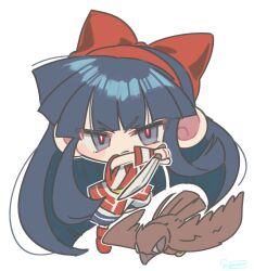  1girl ainu_clothes artist_name blue_eyes blue_hair breasts chibi fighting_stance fingerless_gloves gloves hair_ribbon highres legs long_hair looking_at_viewer mamahaha nakoruru pants ribbon samurai_spirits serious small_breasts snk the_king_of_fighters thighs 